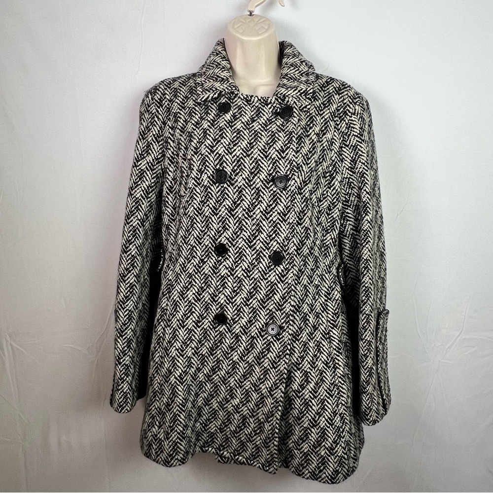 Coach Women’s Black and White Wool Mohair Herringbone Pea Coat